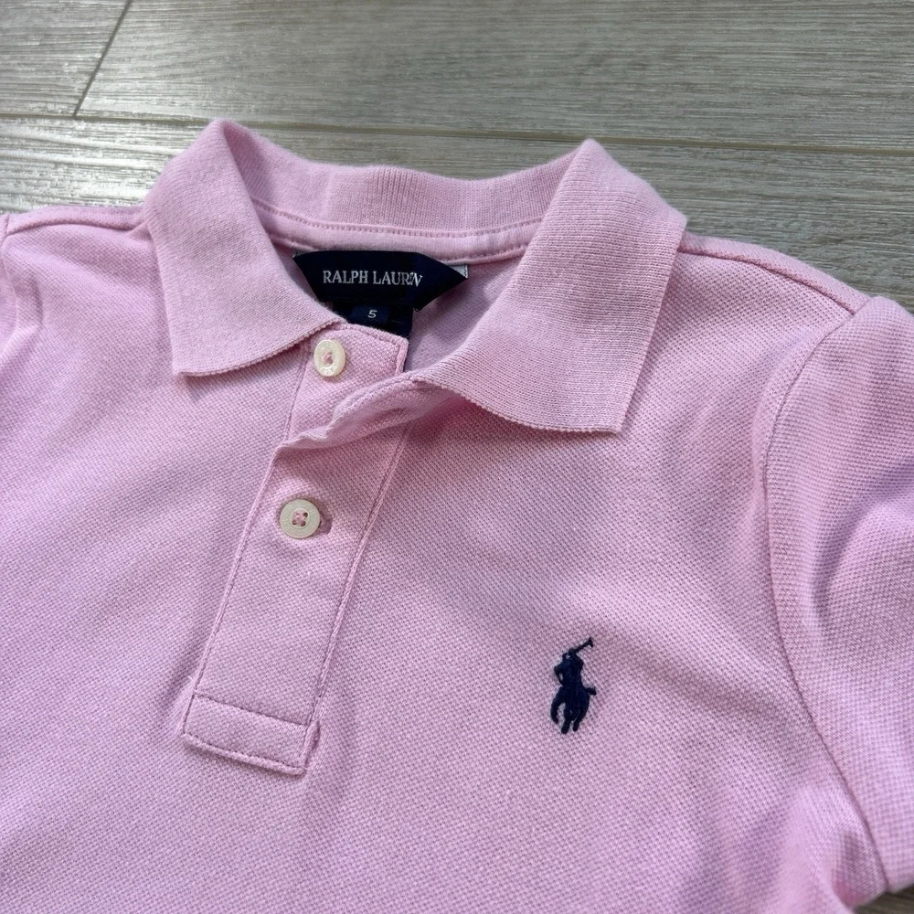 Ralph Lauren Girls 5 Pink Mesh Polo Dress Embroidered‎ Navy Pony Pleated Skirt